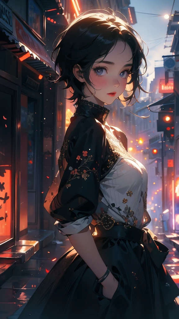 (Highly detailed CG unit 8k wallpaper, masterpiece, High resolution, highest quality, natural skin texture), Composition from head to stomach:1.5, (20 year old woman, Hands in pockets pose:1.3, smile, detailed eyes, gradient eyes), (Stalgic Fashion, detailed costume, fine embroidery, Contrast lace eyelet knit sweater, Asymmetrical short hair:1.2), (Backstreets of Paris:1.3, Colourful flower beds along the road, cinematic lighting), high contrast, hyper realistic, digital painting, concept art,