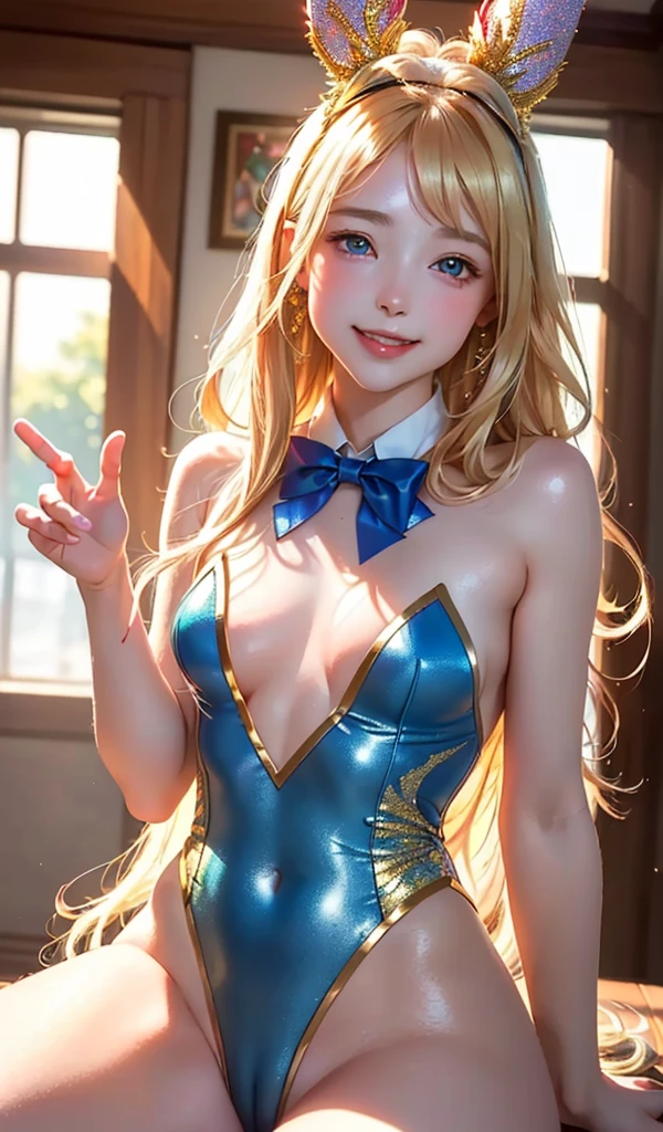 masterpiece, best quality, extremely detailed CG unity 8k wallpaper, (Upper Body head close-up shot of a beautiful little girl), , Elegant Long straight blonde hair, (Mckenna Grace), (flat chest,thighs), (red-blue) golden (Glittering tutu,long Bunny Ear Headgear, , Bow-tie, No panties, genitals visible), (spread legs), (Blush), oil skin, (seductive smile), (Wonderland), pretty face, key art, award winning, intricate detail realism hdr, by (ruan jia and artgerm and range murata), Photorealism, Hyperrealism, ultra realistic, dramatic light, intense shadows, gorgeous view, depth of field
 
