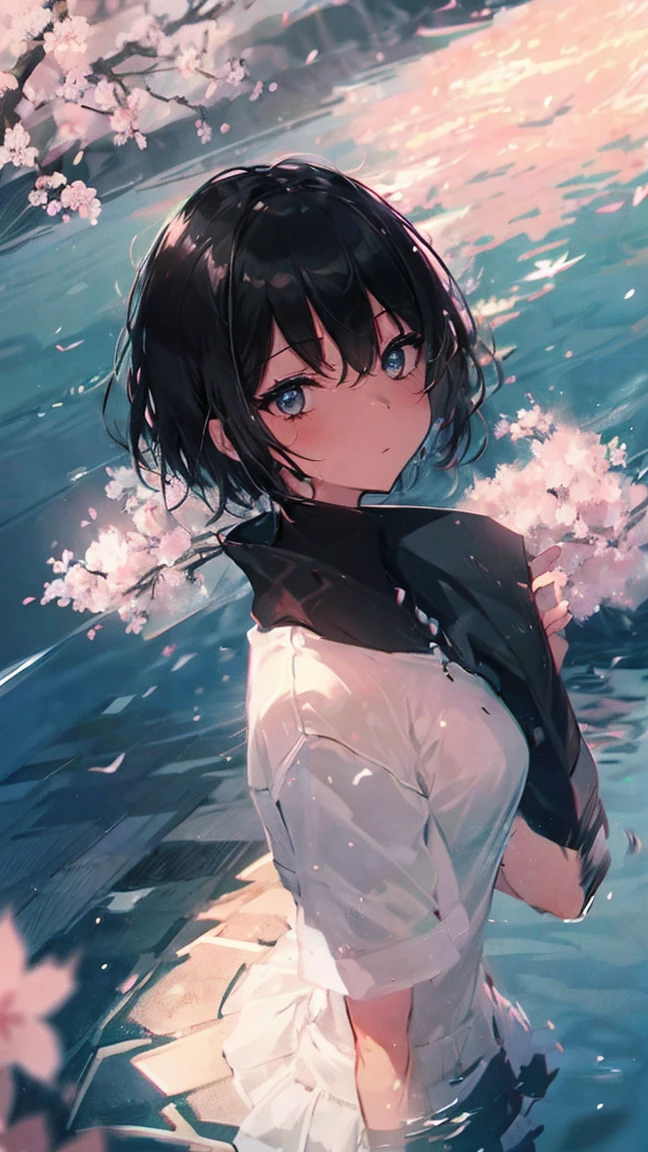 Product illustration of a girl in the rain,cherry blossoms,water中で,water,black hair,short bob,white skin,Pale complexion