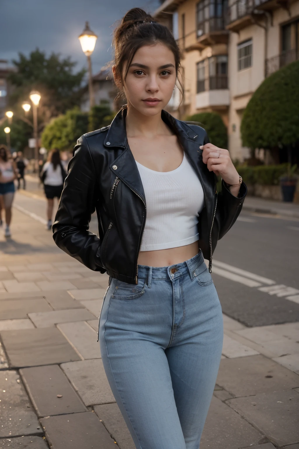 ((Mejor calidad)), ((obra maestra)), (detallado), cara perfecta, sexy woman, dressed in tight denim jeans, wearing a leather jacket, hair up and white sneakers. Stopping in a park in the city of Cusco, it is night. real, realistic, great detail.