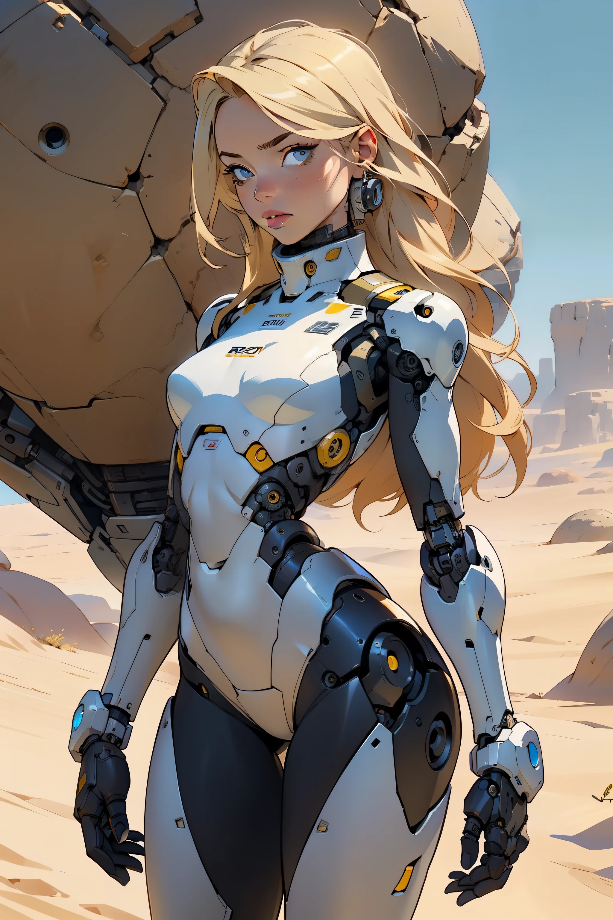 high quality, 4k, masterpiece, beautiful, cyborg girl, cowboy shot, dull eyes, looking at viewer, long blonde hair, girl, small breasts, slim thighs, robotic arms, robotic body, cyborg body, yellow accent, intricate detail, joint, detailed lines, robotic detail, holding fist up, holding hand up as fist, color robotic parts, robotic parts with color, perfect fingers, on a desert planet, sunny background, colorful desert,