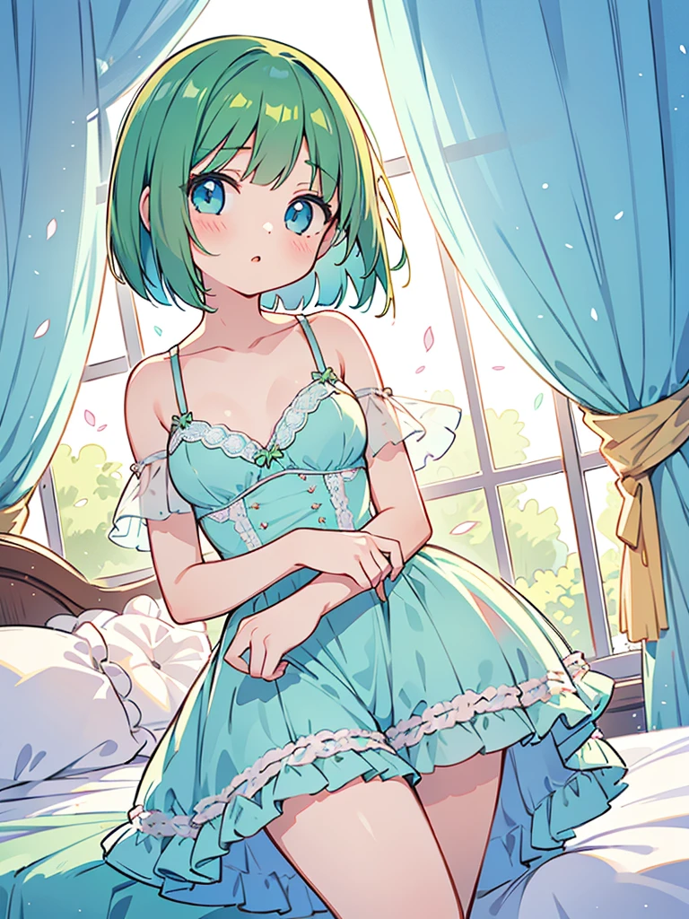 beautiful illustrations, highest quality, pretty girl, 1girl, Bedroom, pastel colour, (two-separated lingerie), cute lingerie, (Spring Green bob cut), bright lighting, sky-blue eyes