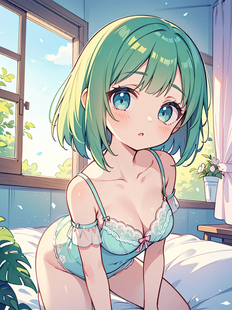 beautiful illustrations, highest quality, pretty girl, 1girl, Bedroom, pastel colour, (two-separated lingerie), cute lingerie, (Spring Green bob cut), bright lighting, sky-blue eyes