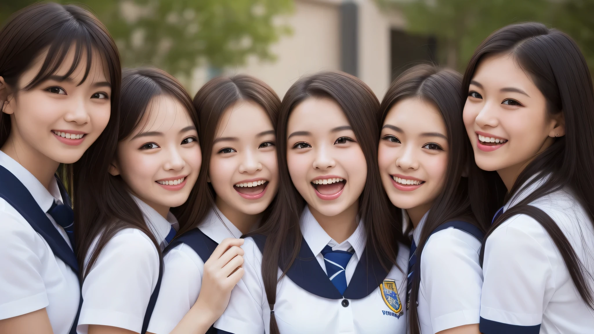 big smile), beautiful face, Amazing face and eyes, delicate, (Best Quality:1.4), (Ultra-detailed), (extremely detailed beautiful face), (princess hair cut style), cute smile, brown eyes, (highly detailed Beautiful face), (short sleeves school uniform:1.3), (extremely detailed CG unified 8k wallpaper), Highly detailed, High-definition raw color photos, Professional Photography, Realistic portrait, evening, Extremely high resolution, smiling, modern, trendy, fashionable, Group photo of high school girls, face close-up, School, classroom, (laughter, laughter:1.5), (laughter, laughter:1.5),
