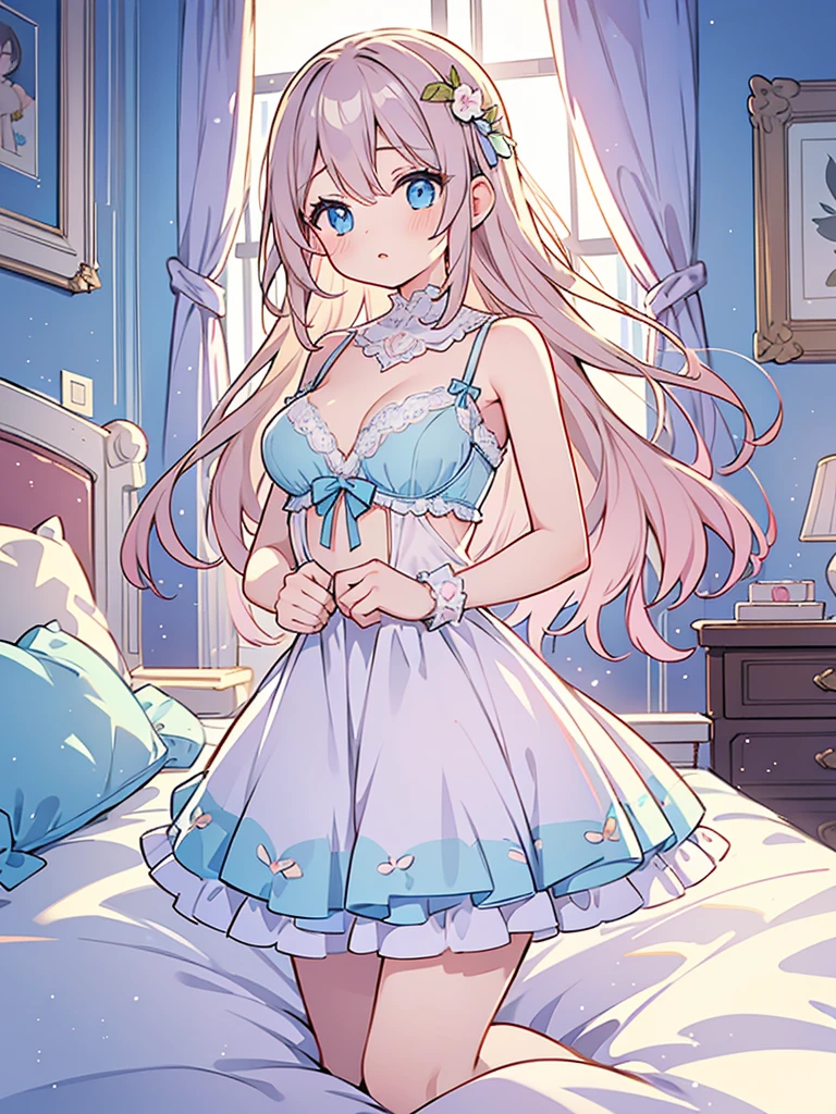 beautiful illustrations, highest quality, pretty girl, 1girl, Bedroom, pastel colour, (two-separated lingerie), cute lingerie, ), bright lighting, sky-blue eyes
