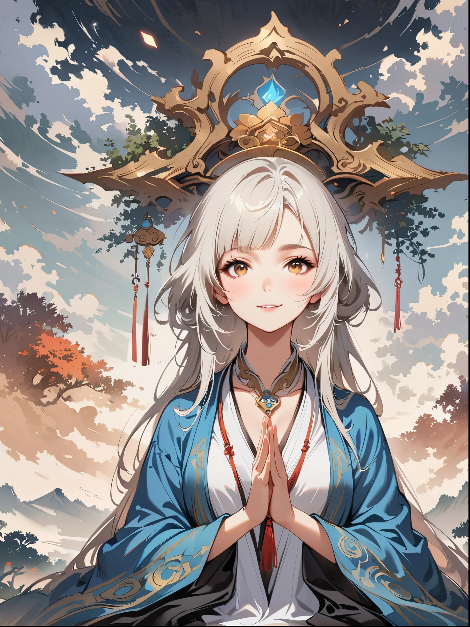 In a two-dimensional style, illustrate a close-up scene of a white-haired female Taoist meditating on a floating giant lotus rock within a mysterious ancient forest. She wears a flowing blue Taoist robe with golden cloud patterns that seem to animate with her breath. Surround her with slowly rotating ancient characters emitting a soft glow. The focus is on accurately depicting the female Taoist's features, limbs, and fingers in detail, set against a simplified background to emphasize her serene expression and meditative posture.