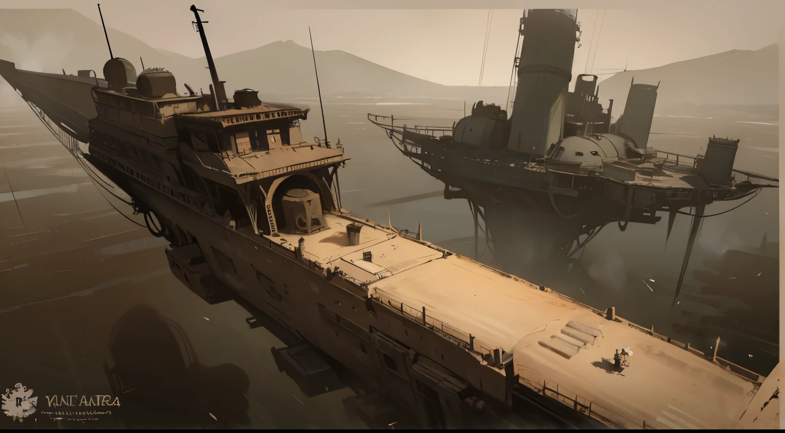 Post-apocalyptic wars, shadowing, Nero, A desert , shadowing, Gloomy atmosphere, darkly, ((natta)), The breadth of the landscape, book cover,Wasteland,A desert,Dilapidated airship,Japanese style。asian-looking,Airship in Asian style,Japanese airship over castle, steelpunk, from above:1.4