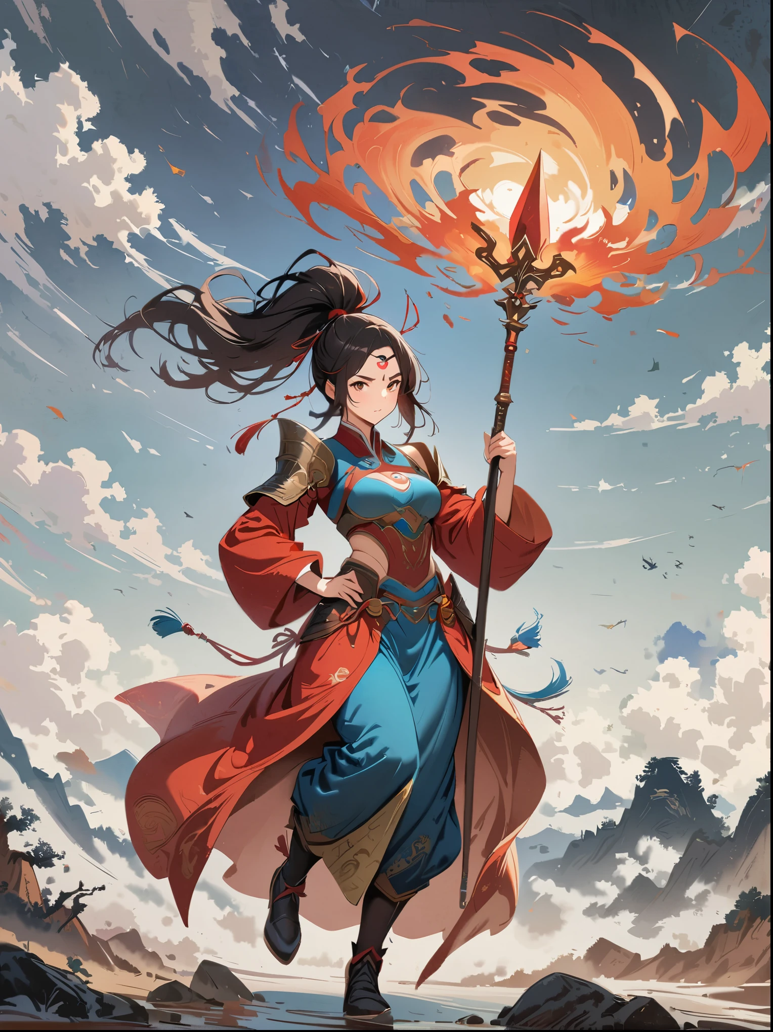 1 girl，Blood stained all over his face，anger，Holding a spear，（fly），Chinese mythology，cloudy day，Meticulous skies，abstract background，（Flame impact：0.5），The third eye of the devil，hair tie，ponytail，Wear armor，Strong body，tall and big，spear in hand，The body is suspended in the air, masterpiece, precise, anatomically correct, high detail, best quality, 8K)