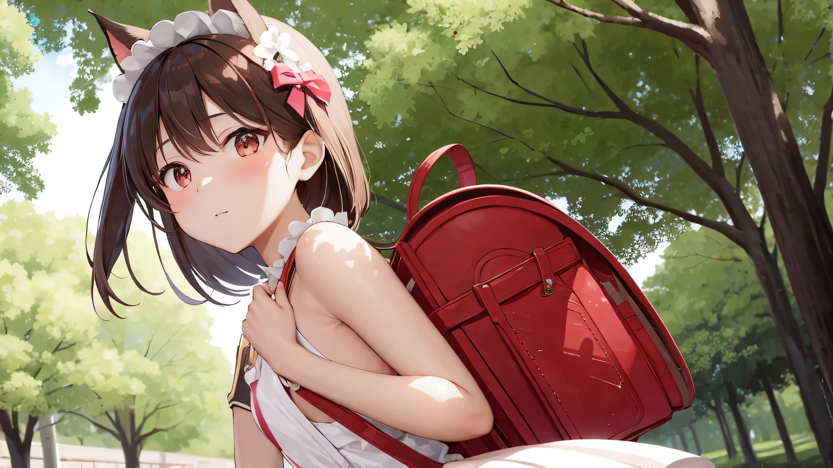 (masterpiece), highest quality, High resolution, very detailed, detailed background, perfect lighting, outside, 1 girl, Cherry tree in full bloom、light brown hair、bright red eyes、Small fox earimi is facing forward、Dark blue and white maid outfit、full body, wearing pink Randoseru Backpack, (Randoseru Backpack:1.0), white dress, Day light, brown eyes, dappled Day light, Day、topless、underless、nipple、