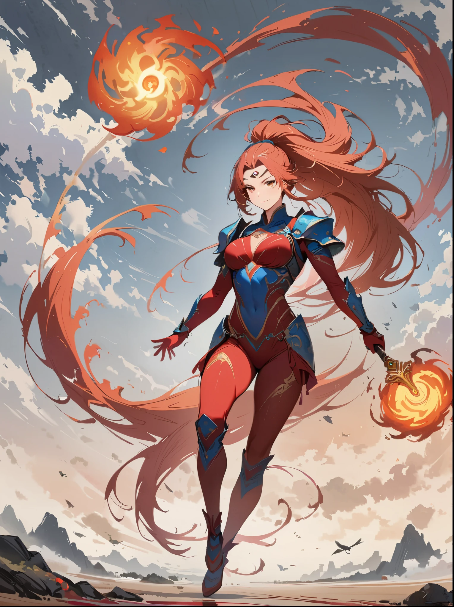 1 girl,Blood stained all over his face,anger,Holding a spear,(fly),Chinese mythology,cloudy day,Meticulous skies,abstract background,(Flame impact:0.5),The third eye of the devil,hair tie,ponytail,Wear armor,Strong body,tall and big,spear in hand,The body is suspended in the air, masterpiece, precise, anatomically correct, high detail, best quality, 8K)