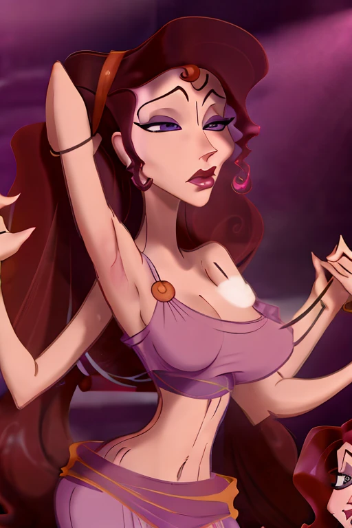 Conjoined naked Megara with three heads, six arms and huge siliconed tits
