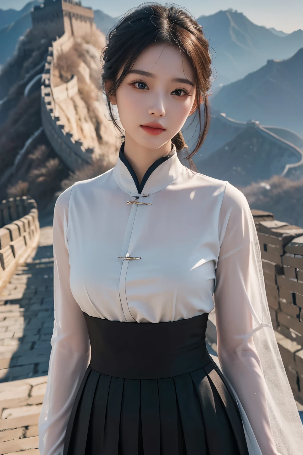 1 girl, on the Great Wall of China,Telegraph slang, Exquisite eyes,beautiful and delicate lips,very detailed 눈과 얼굴,long eyelashes, enchanted scenery,(best quality,4K,8 thousand,high resolution,masterpiece:1.2),very detailed,(realistic,realistic,realistic:1.37), sexy dress, skirt