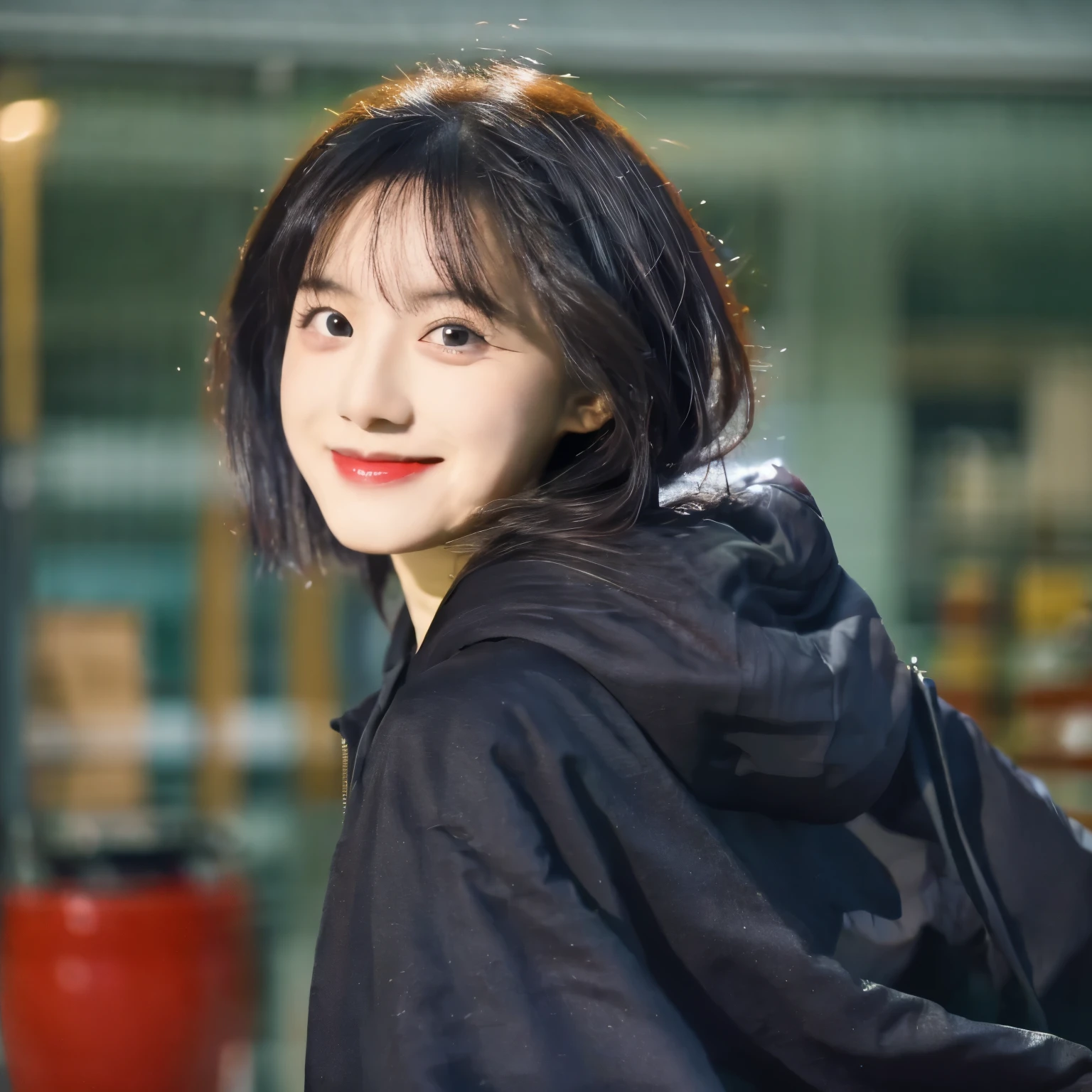 full body shot, full-length phoor portrait, whole body shot , high resolution (of an image), spread black and red Dracula cloak, white skin, black hair, short hair, purple eyes, fangs, purple dress, bewitching smiling beautiful Japanese actress, highly detailed face, detailed eyes, full color photo, view straight on, focus on eyes, young, 20 years old, night living room