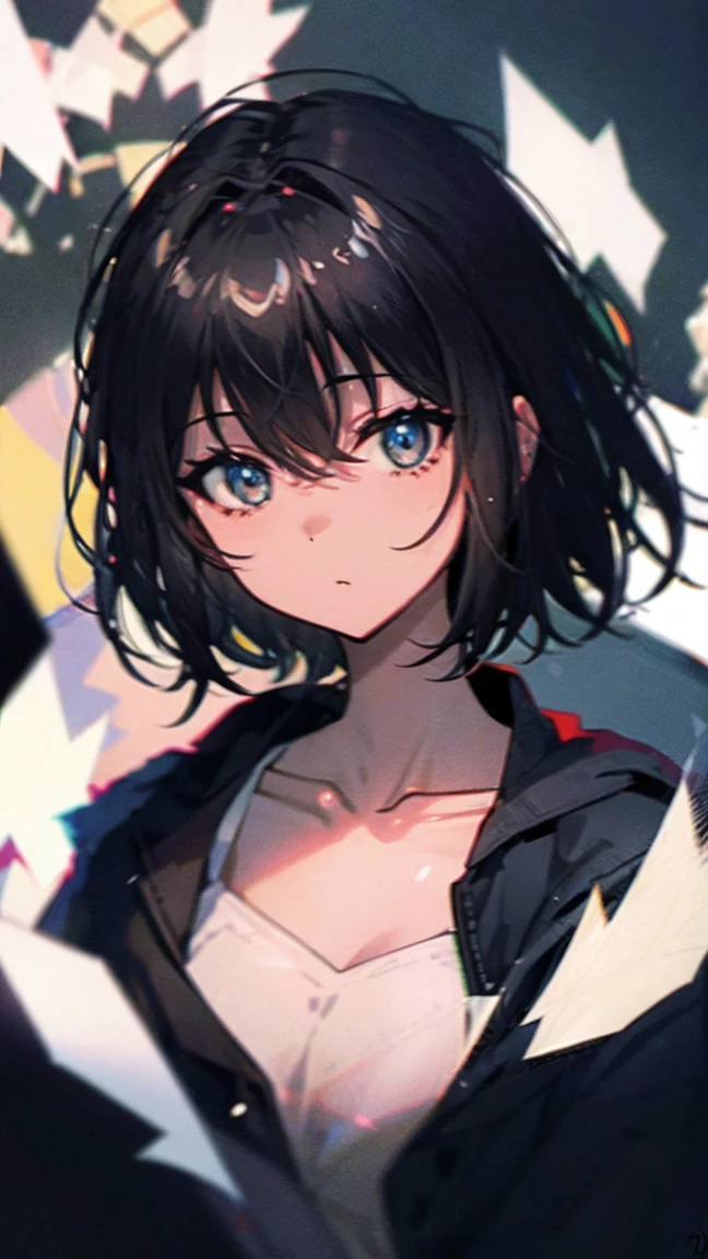 Anime girl that has a messy black hair gray eyes white tshirt and black jacket smiling