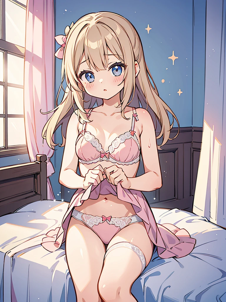 beautiful illustrations, highest quality, pretty girl, 1girl, Bedroom, pastel colour, (two-separated lingerie), cute lingerie, Momoko Suou, bright lighting