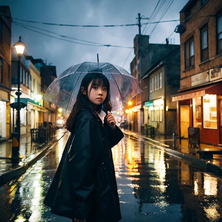 1girl, background is town, rain, umbrella