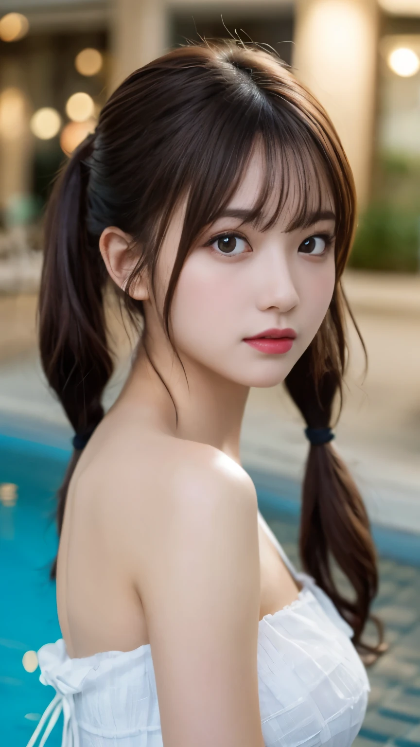 table top, highest quality, figure, Super detailed, finely, High resolution, 8k wallpaper, 完璧なダイナミックな構figure, detailed and beautiful eyes , pool, sexy face、twin tails、cute ribbon