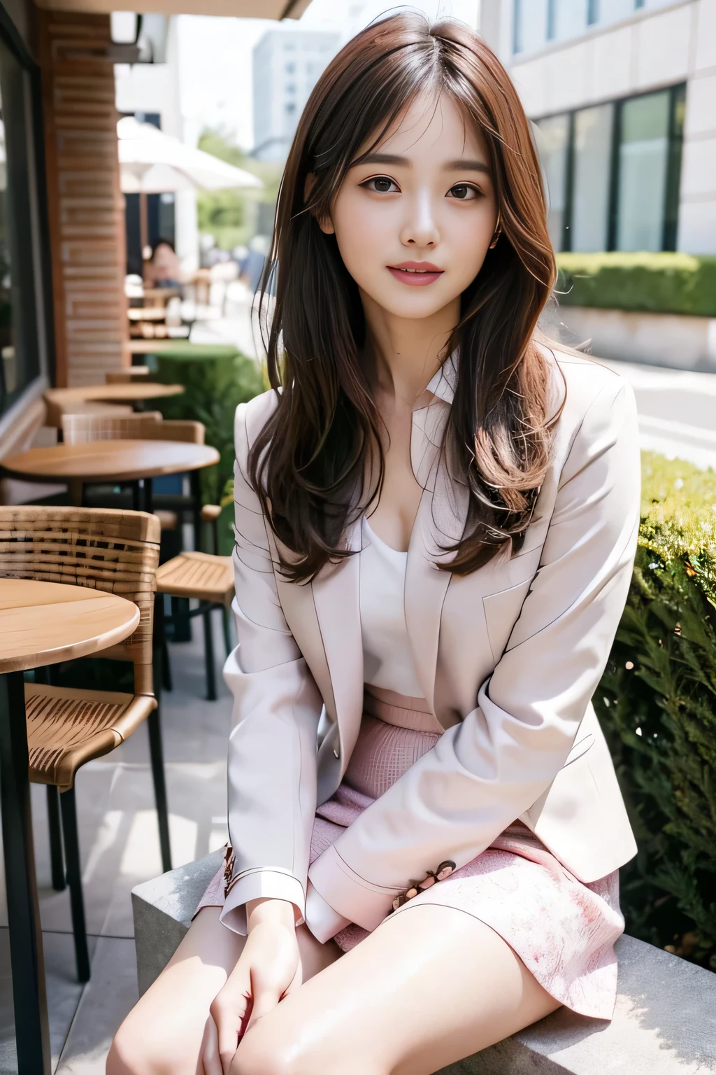 highest quality, realistically, Super detailed, detailed pubic hair, High resolution, 8k wallpaper, 1 beautiful woman, Pink wet lips, light brown messy hair, wearing a suit, shirt, white skirt, lock focus, perfect dynamic composition, beautiful eyes, delicate hair, Detailed realistically skin texture, smile, close-up portrait, model body shape, On the open terrace of the cafe, blurred background, (full body shot), Take photos from a distance, Random body orientation,sitting cross-legged on a chair