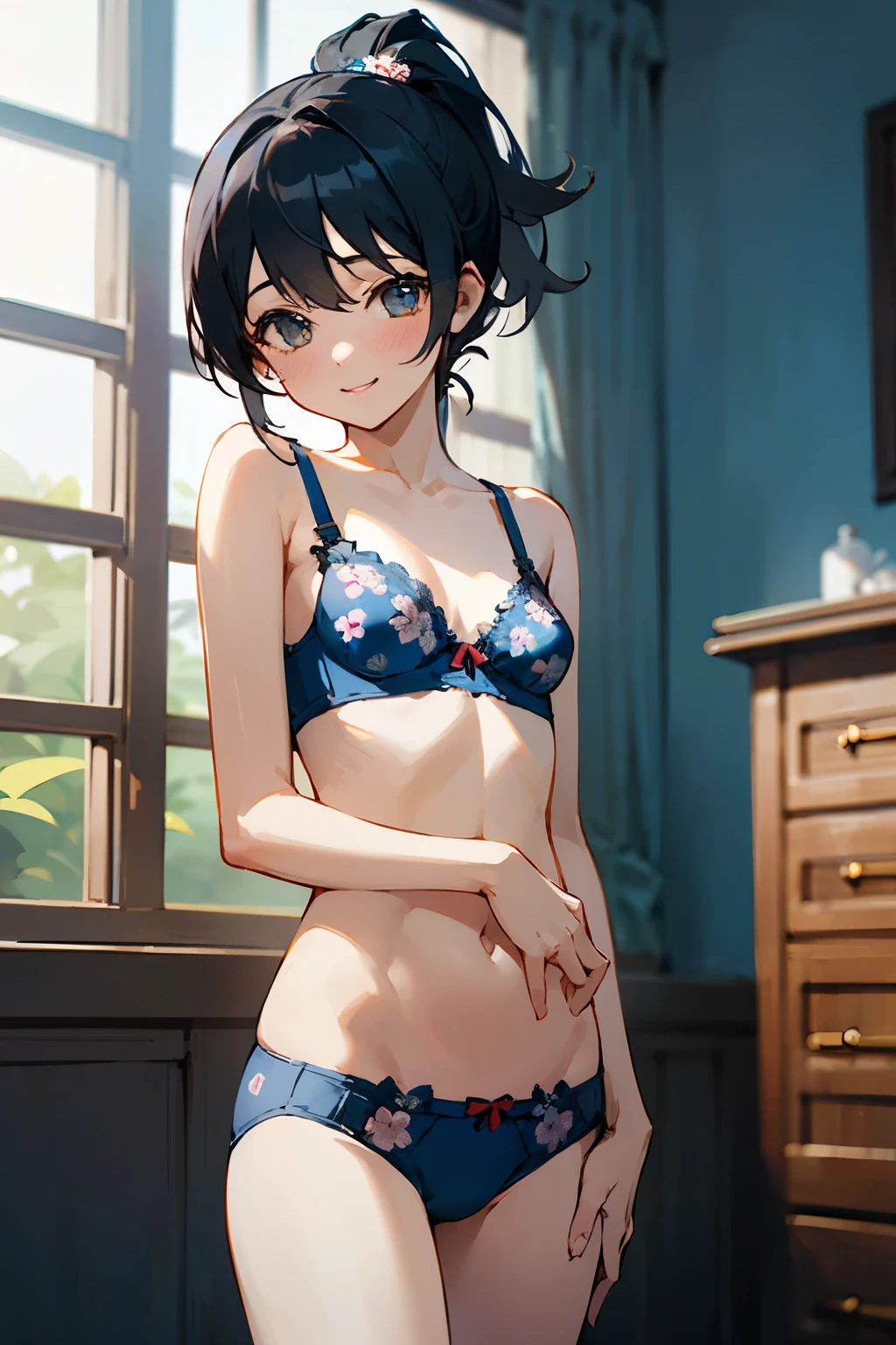 NSFW、with the best image quality、age girl standing in the room。in high resolution、beautiful details、quiet atmosphere。black hair ponytail、cute smile.。small breasts、Cute floral blue bra、Wearing cute floral blue panties。
