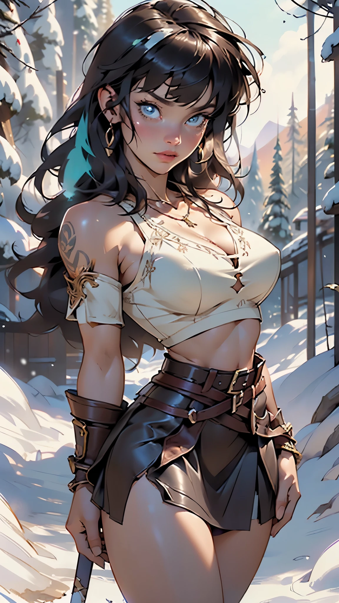 ((((Xena The Warrior Princess)))),barbarian girl,1girl,
(large breasts:1.4),((((long brown hair, layered cut,bangs)))),(((blue_eyes:1.3))),intricate eyes,beautiful detailed eyes,symmetrical eyes,((((lustrous skin:1.5,tanned skin,bright skin: 1.5,skin tanned,shiny skin,very shiny skin,shiny body,Reflective skin)))),(spider lower abdomen,narrow waist,wide hip,athletic body,inflated legs,thick thighs,(detailed face)),beautiful detailed lips,Muscles,(Muscles: 1.2), ((strong and healthy body)), ((((more) Muscles))),
cute,slutty,sensual,seductive look,seductive,((erotic)),opulent,sumptuous,((nsfw)),
clothing with a warrior, Greek and Amazonian style, timeless and with a feminine touch, ((leather bodice that covers her chest and abdomen, adorned with metallic details and embroidery)), ((Xena's skirt is very short and fluid, skirt leather with side slits)),Xena wears metal bracelets,A wide leather belt,Xena wears a necklace with an amulet that protects her from evil,((leather bralette that exposes her abdomen)),((cleavage)),
(flirtatious pose:1.3), looking at viewer,embarrassed,centered,scale to fit dimensions,Rule of thirds,
((snowy barbarian palace)),winter,scenery:1.25,((intricate scenery)),((snow forest background)),snow everywhere,(,snowy barbarian palace background,snowy pyramids in the background),extremely scenery,(puddles everywhere),clouds,barbarian style,barbarian castle,(sunset, golden hour),
(Glossy barbarian ornaments),highres,sharp focus,(ultra detailed,extremely detailed),(photorealistic artwork:1.37),(extremely detailed CG unity 8k wallpaper),(((vibrant colors,vibrant theme))),(intricate),(masterpiece),(best quality),artistic photography,(photography taken by sldr),(intricate background),perfect rendered face,perfect face details,realistic face,photo realistic,((intricate detail)),(((realism))),