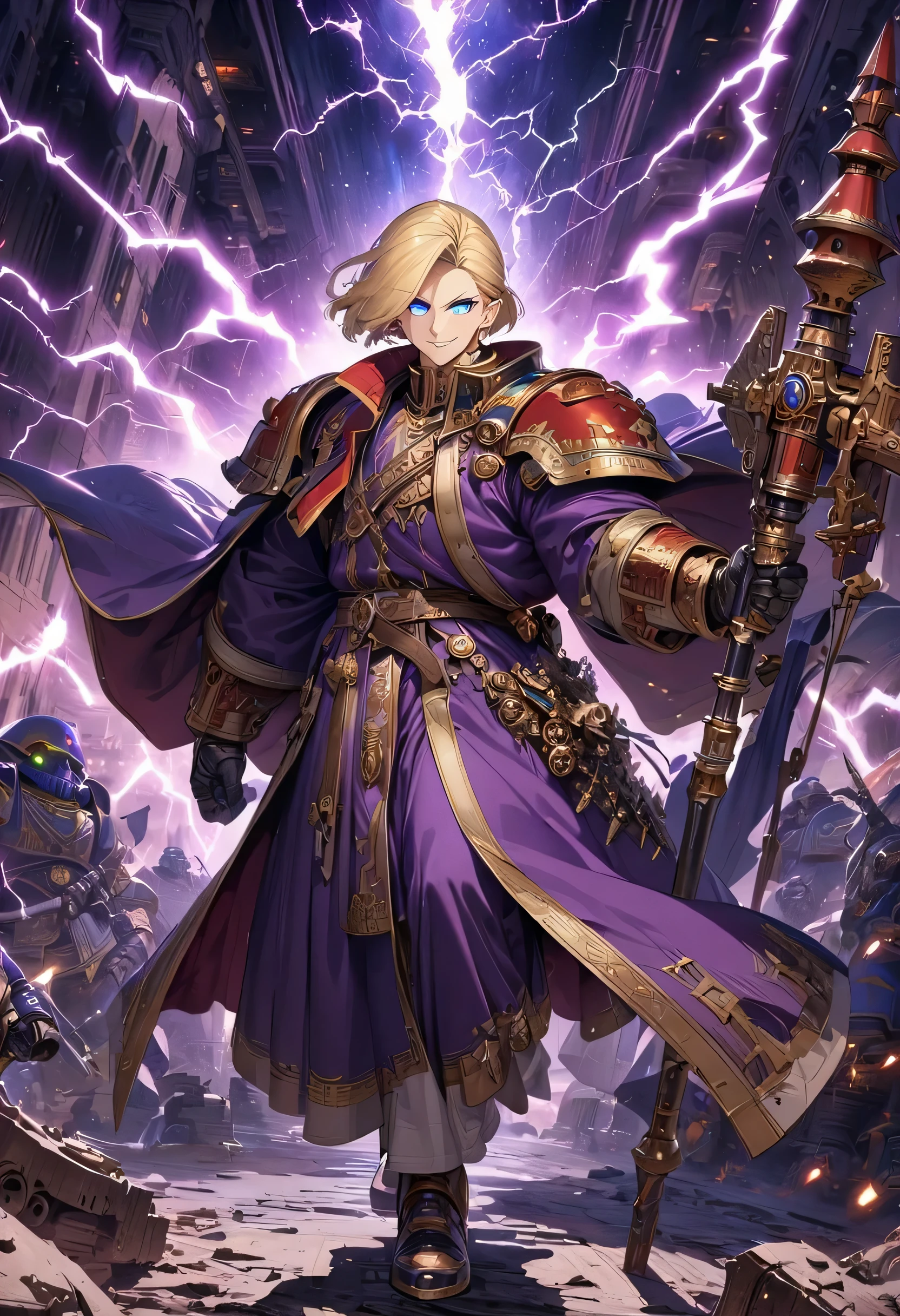 (masterpiece:1.2, best quality:1.1), HD, best illustration, intricate details, 8K, anime - style, Male Wizard, Male, Warhammer 40k, Solo, Detailed Face, Purple Cloth, White Trim, Full Body, Blonde Hair, Short Hair, Hair Swept to the Side, Tall, Slender, Gold trim, Science Fiction, Looking at Viewer, Spaceship, Command Bridge, Space, Purple Robes, One Staff, Blue eyes, No Bangs, Narrow Eyes, lightning, electricity, glowing eyes, Man, Wizard, Epic Fantasy Wizard, Male, Happy, Smile, Mature Man,