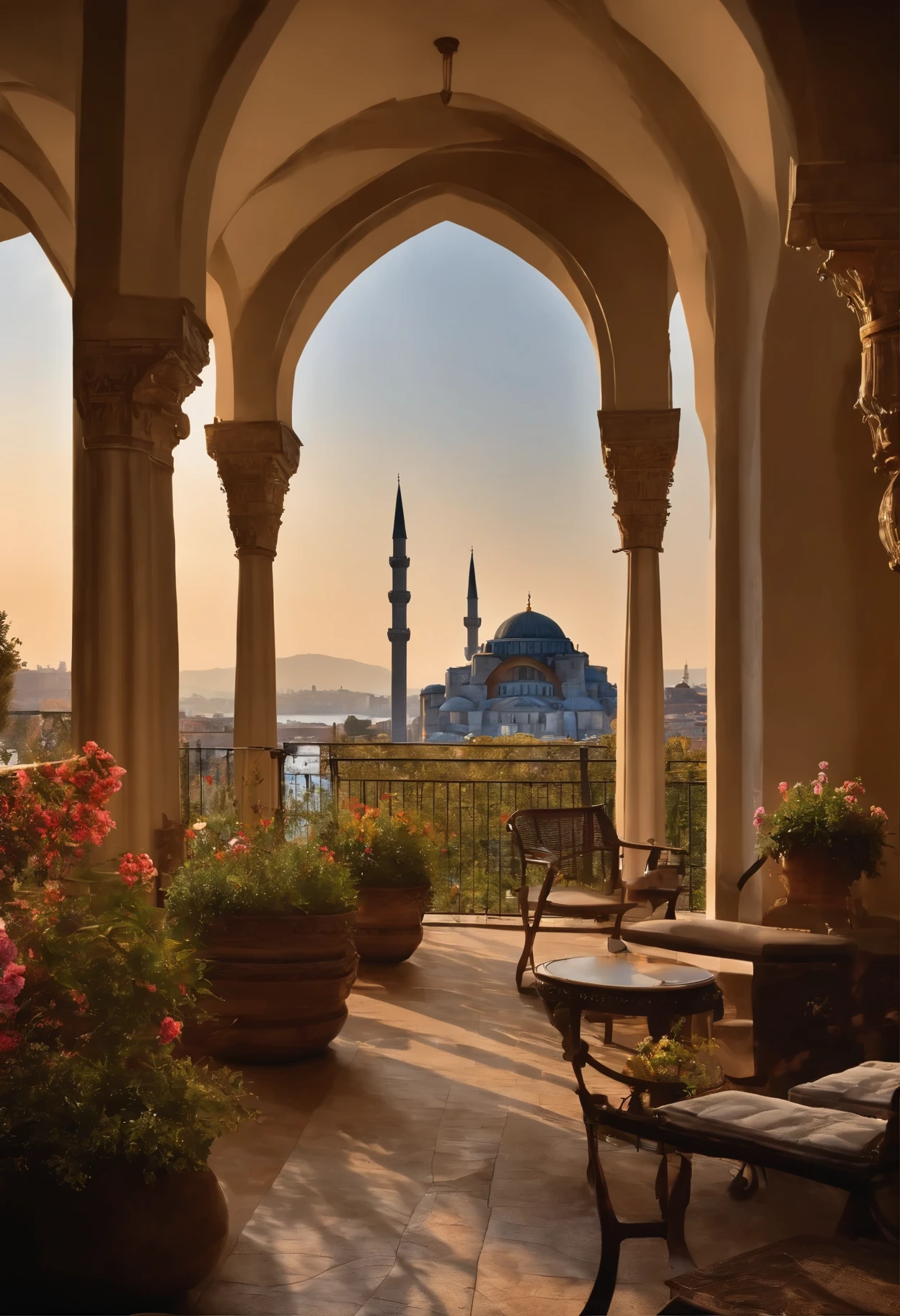 Vue enchanteresse sur la ville de Constantinople (0.2), Magnificent domes and minarets reaching for the sky (0.15), Byzantine mosaics glittering in the sun (0.1), Surrounded by lush gardens in full bloom (0.15), Distant silhouette of Istanbul's cityscape (0.1), les eaux calmes du Bosphore au premier plan (0.1), Sunset tones painting the scene in warm colors (0.1), rendu dans les styles artistiques des traits impressionnistes de Claude Monet (0.05) and in the idyllic, Light-infused décor by Thomas Kinkade (0.05)