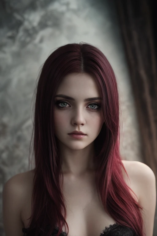 (Realisttic:1.2), analog photo style, cute woman with short black-red multicolored hair, red eyes, (Gloomy and dark atmosphere), soft natural light, faded colours, sexy, great quality, Masterpiece, detailed fantasy background, better performance, 16k quality, HDR, RAW photo