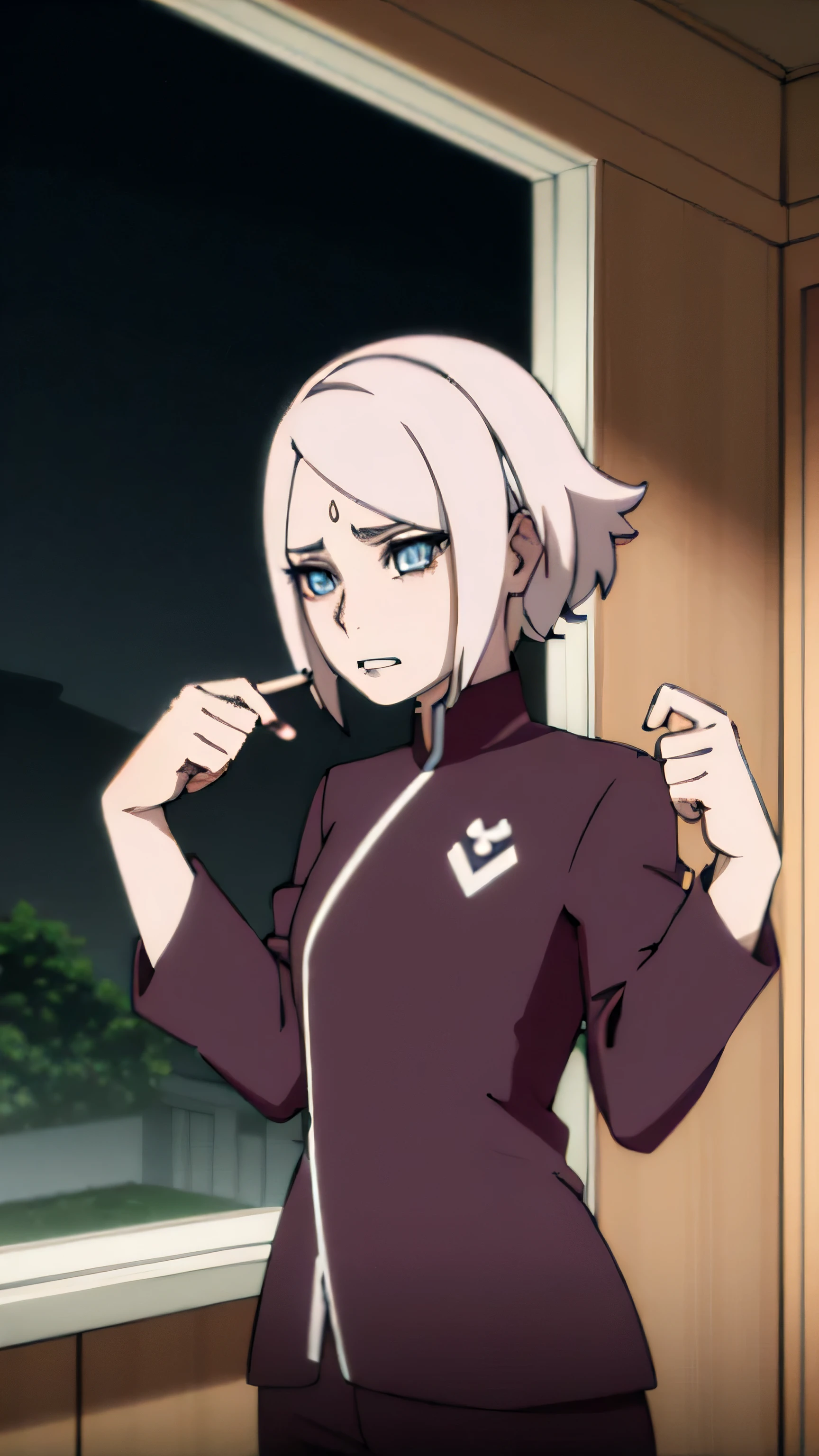 Masterpiece, Best quality, High accuracy, 1girl, bachelor, Kocho Shinobu, sharp, eyes ,خضراء، أبيض Poetry long , Bangs M parted, Black pants, Black jacket, robin'Poetry, My friend, Kunoichi, M. long, HazaM,, forest, a night, Moon, M's calm smile, Naruto
