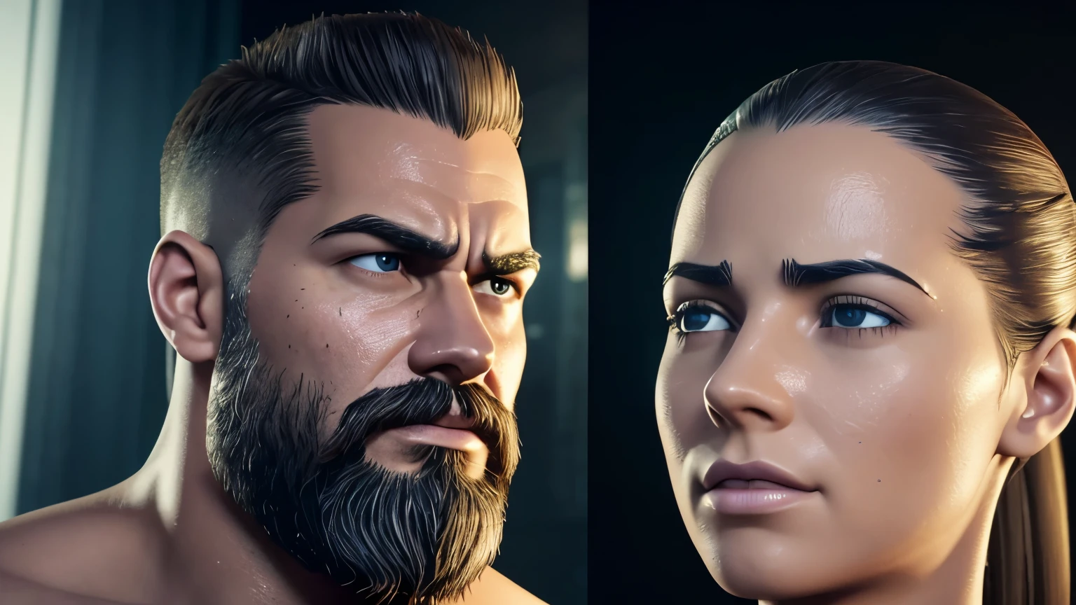 there are two pictures of a man with a bald head and a bald head, face as of dwayne johnson, strong facial features, sam hyde in god of war 4, no hair completely bald, shaved face, super realistic facial features, accurate ultra realistic faces, with no facial features, bald lines, before and after, hyper realistic face, emaciated shaved face
