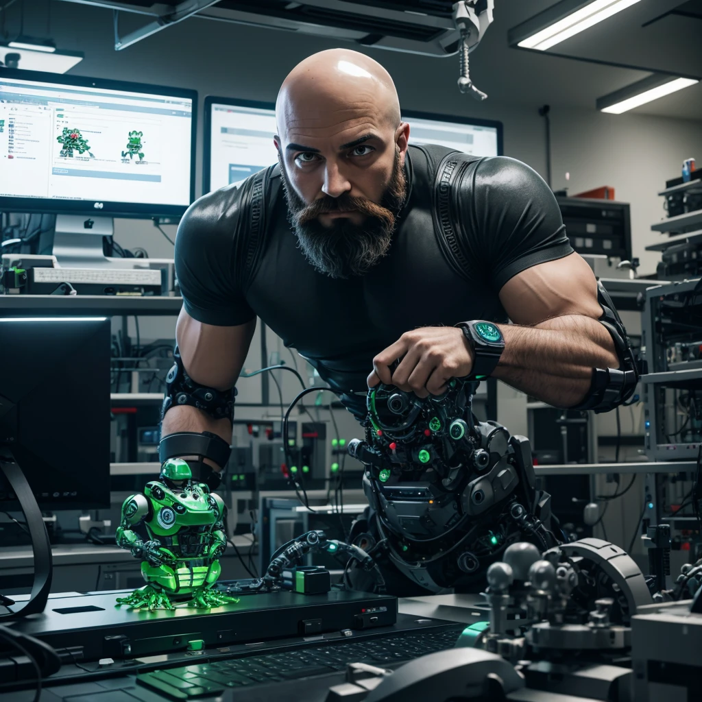 Bald man with spartan beard creating and playing with a robotic frog in a laboratory full of computers with programming code on the screen 