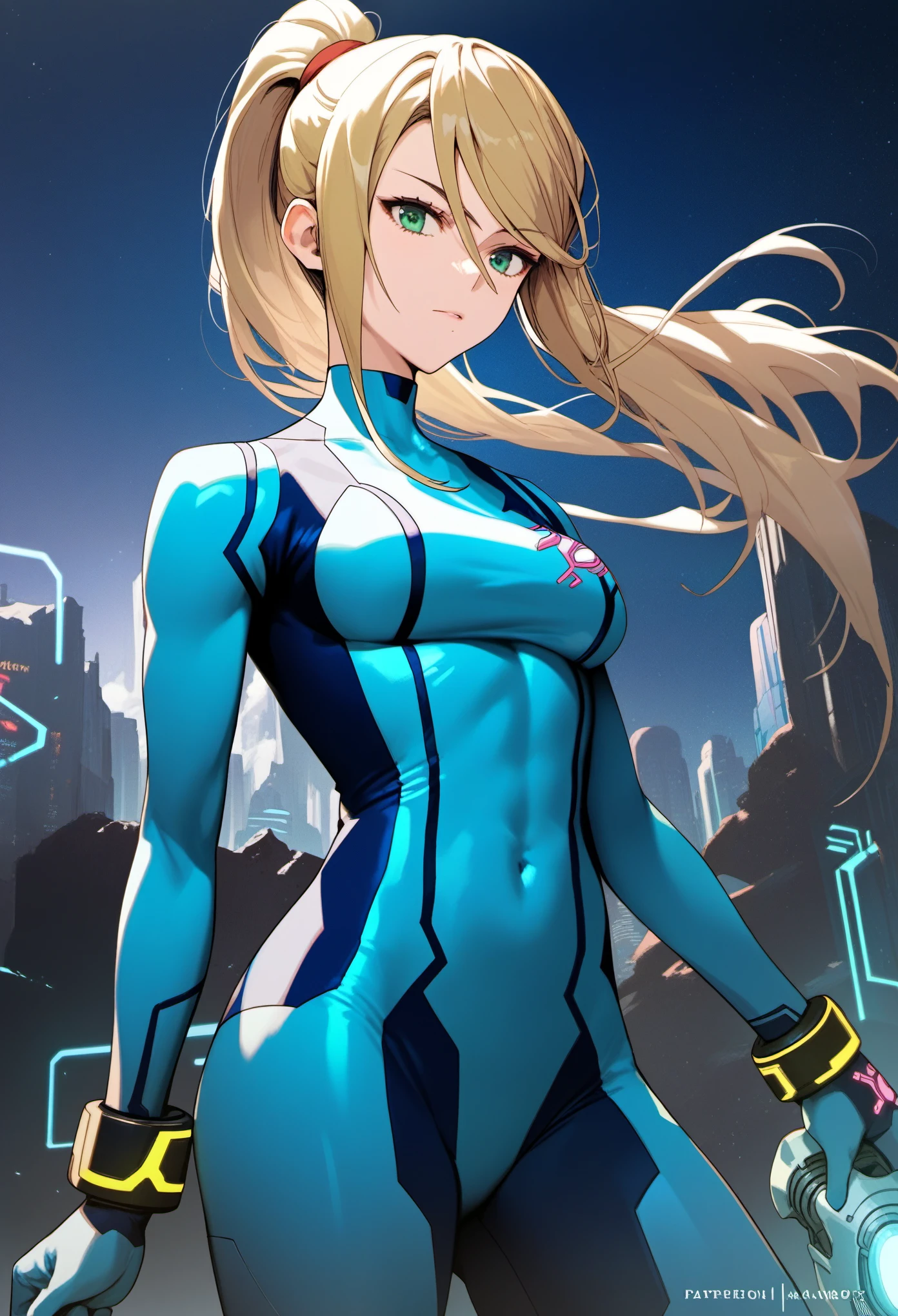 (best quality),female,Samus aran,blond hair,green eyes,zero suit,light blue body suit,cowboy shot,night city,Science fiction,ultra-detailed,sharp focus,aesthetic
score_9, score_8_up, score_7_up,source_anime,rating_safe
