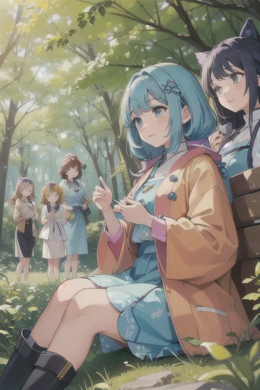 masterpiece,
highest quality,
(全員woman型ロボット),
全員顔はcute人間の顔,
cute,
Happy,
lively,
colorful,
nature,
trail,
Background forest animals,
sitting,
multiple woman型ロボット,
(6+woman:1.9).