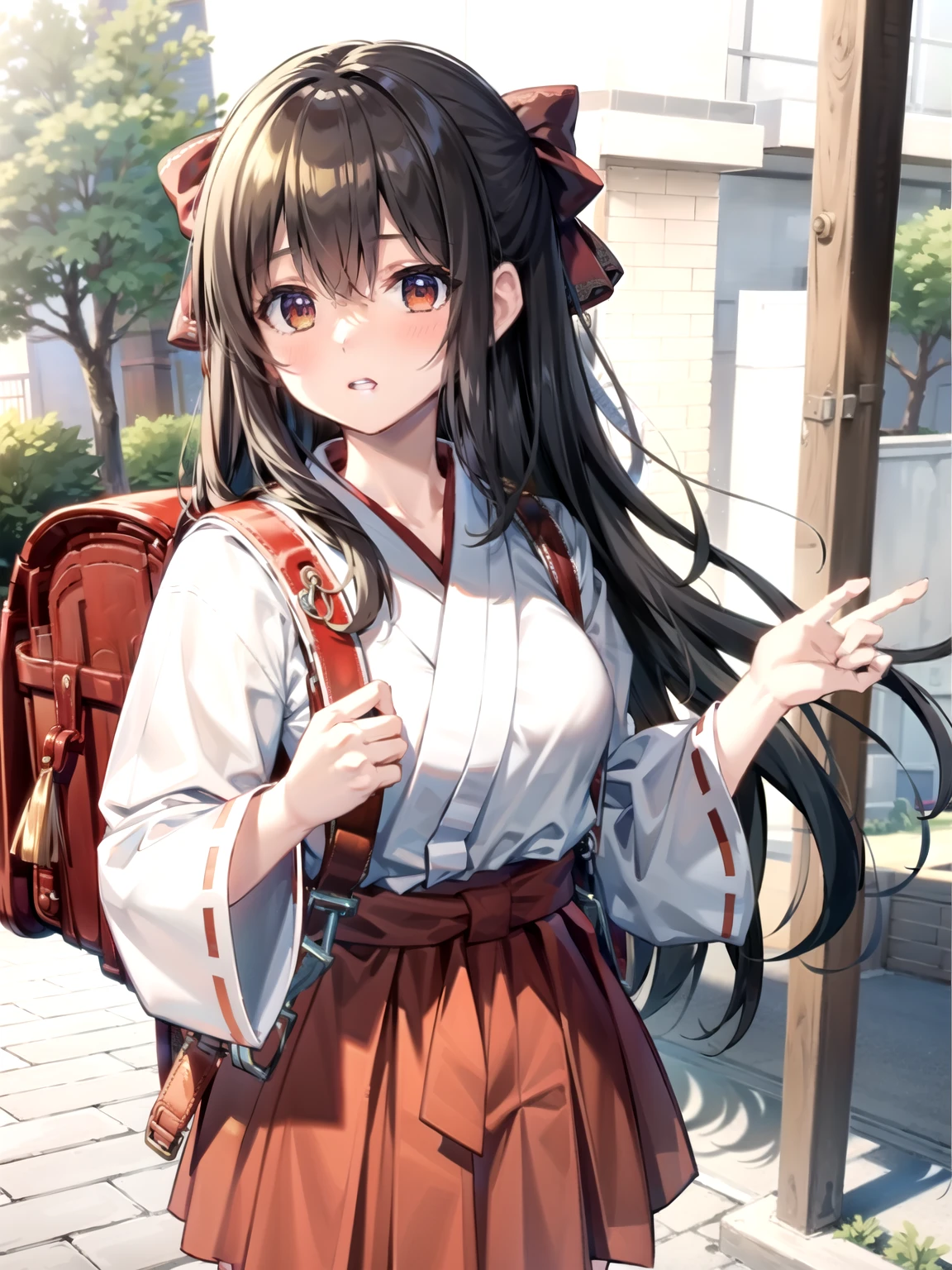 1girl, realistic, hd, solo, (masterpiece:1.2), best quality, outside, miko, red hakama, miko_clothes, miko_dress, wearing school backpack, (backpack:1.1)