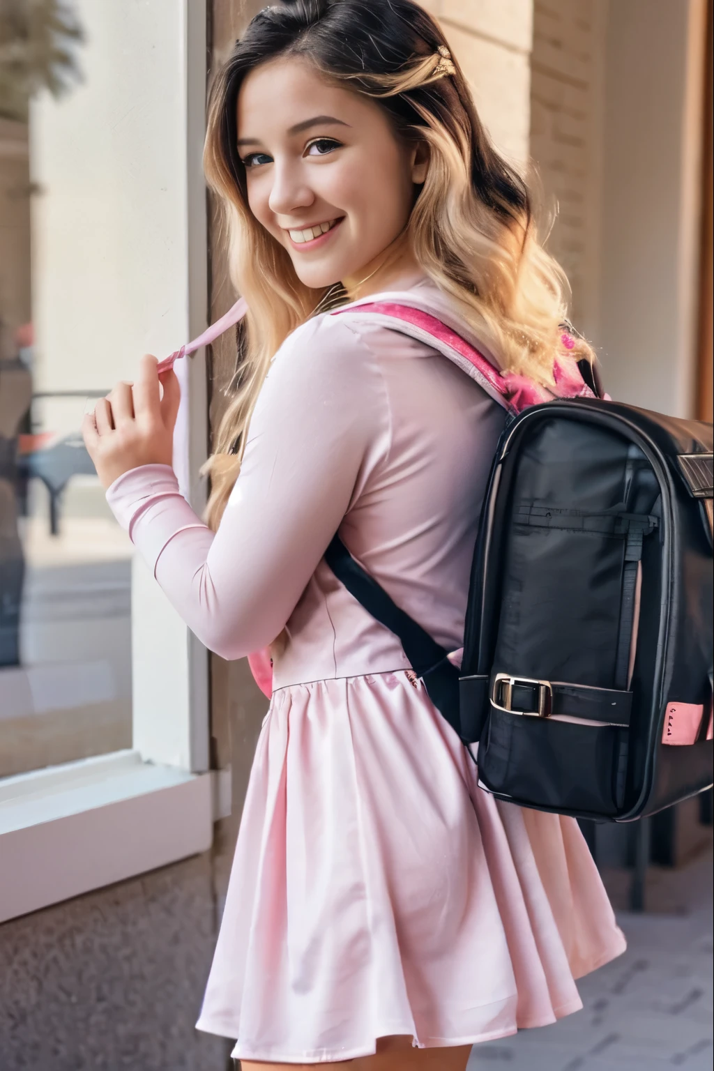 Masterpiece, hd, realistic, 1girl, blonde hair,  y.o, princess, wear princess dress, pink dress, long Sleeve, wearing black school backpack,(black  backpack:1.1), standing, looking at window, light smile