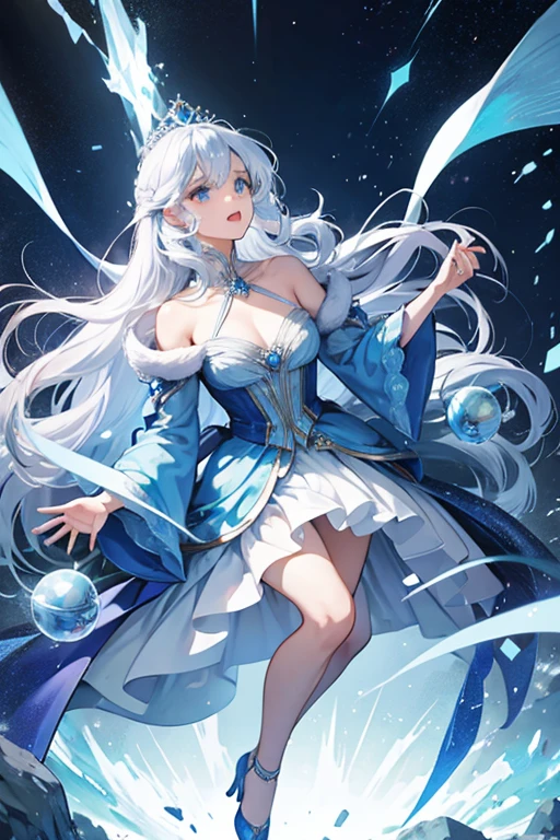 The Ice Queen has light blue skin, long white hair, and long lightning-shaped eyebrows. Like her male counterpart, she also has white eyes but with deep blue eyeshadow. Her hair, while also long like the Ice King's beard, is wavy with curls instead of shaggy. She wears a small golden tiara with red gems and a neckband bejeweled with a single sapphire blue gem in the center. She also wears a blue long-sleeved ball gown with blue buttons, and light and dark blue shoes. Her voice is high-pitched and raspy like that of a witch. She also appears to be quite tall as Fionna only reaches up to her chest. SPARKLE; GLITTER