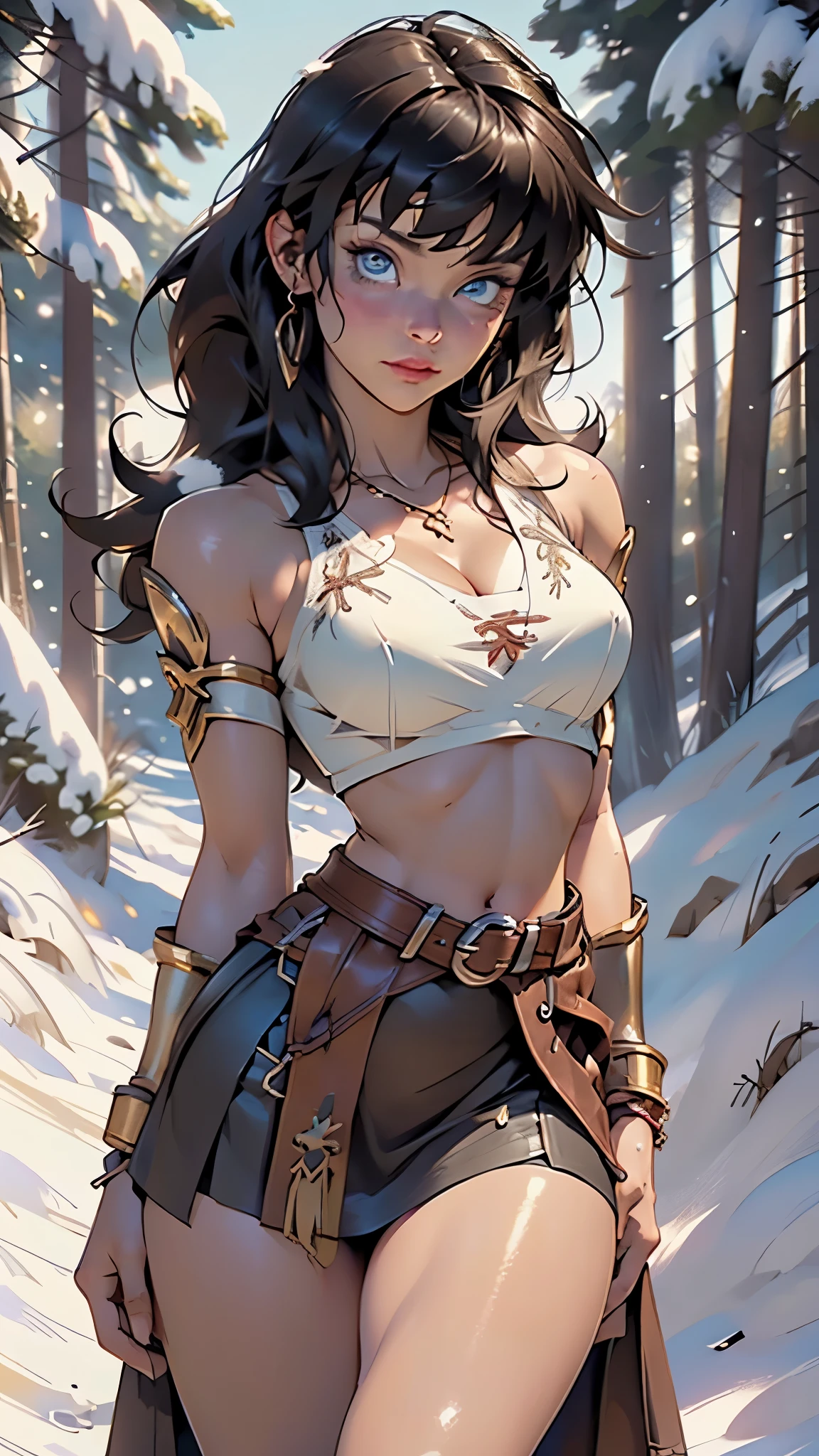 ((((Xena The Warrior Princess)))),barbarian girl,1girl,

(large breasts:1.4),((((long brown hair, layered cut,bangs)))),(((blue_eyes:1.3))),intricate eyes,beautiful detailed eyes,symmetrical eyes,((((lustrous skin:1.5,tanned skin,bright skin: 1.5,skin tanned,shiny skin,very shiny skin,shiny body,Reflective skin)))),(spider lower abdomen,narrow waist,wide hip,athletic body,inflated legs,thick thighs,(detailed face)),beautiful detailed lips,Muscles,(Muscles: 1.2), ((strong and healthy body)), ((((more) Muscles))),

cute,slutty,sensual,seductive look,seductive,((erotic)),opulent,sumptuous,((nsfw)),

clothing with a warrior, Greek and Amazonian style, timeless and with a feminine touch, ((leather bodice that covers her chest and abdomen, adorned with metallic details and embroidery)), ((Xena's skirt is very short and fluid, skirt leather with side slits)),Xena wears metal bracelets,A wide leather belt,Xena wears a necklace with an amulet that protects her from evil,((leather bralette that exposes her abdomen)),((cleavage)),

(flirtatious pose:1.3), looking at viewer,embarrassed,centered,scale to fit dimensions,Rule of thirds,

((snowy barbarian palace)),winter,scenery:1.25,((intricate scenery)),((snow forest background)),snow everywhere,(,snowy barbarian palace background,snowy pyramids in the background),extremely scenery,(puddles everywhere),clouds,barbarian style,barbarian castle,(sunset, golden hour),

(Glossy barbarian ornaments),highres,sharp focus,(ultra detailed,extremely detailed),(photorealistic artwork:1.37),(extremely detailed CG unity 8k wallpaper),(((vibrant colors,vibrant theme))),(intricate),(masterpiece),(best quality),artistic photography,(photography taken by sldr),(intricate background),perfect rendered face,perfect face details,realistic face,photo realistic,((intricate detail)),(((realism))),
