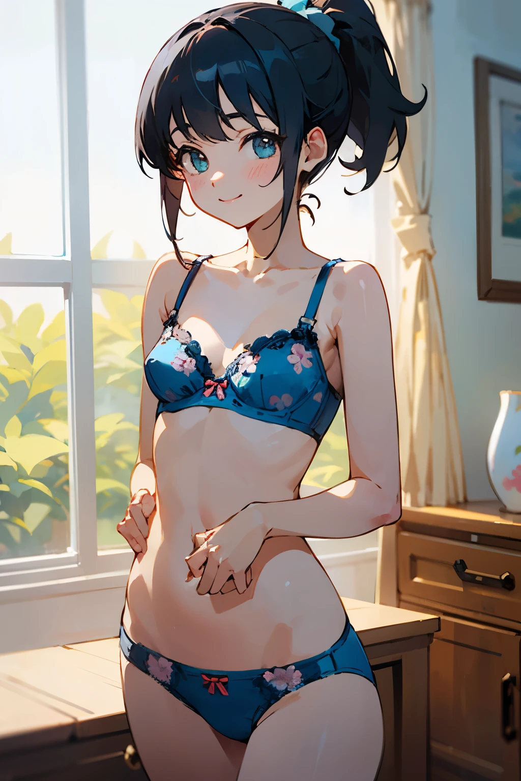 NSFW、with the best image quality、 girl standing in the room。in high resolution、beautiful details、quiet atmosphere。black hair ponytail、cute smile.。small breasts、Cute floral blue bra、Wearing cute floral blue panties。