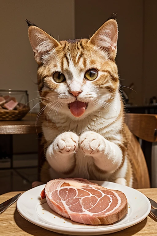 Draw me a very cute happy cat eating ham.