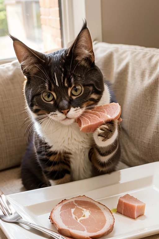 Draw me a very cute happy cat eating ham.