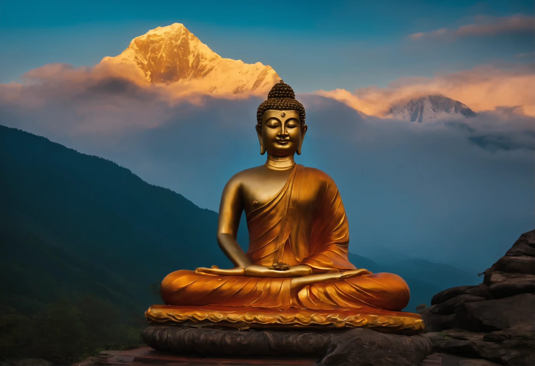 Buddha meditating in the Nepali mountains.