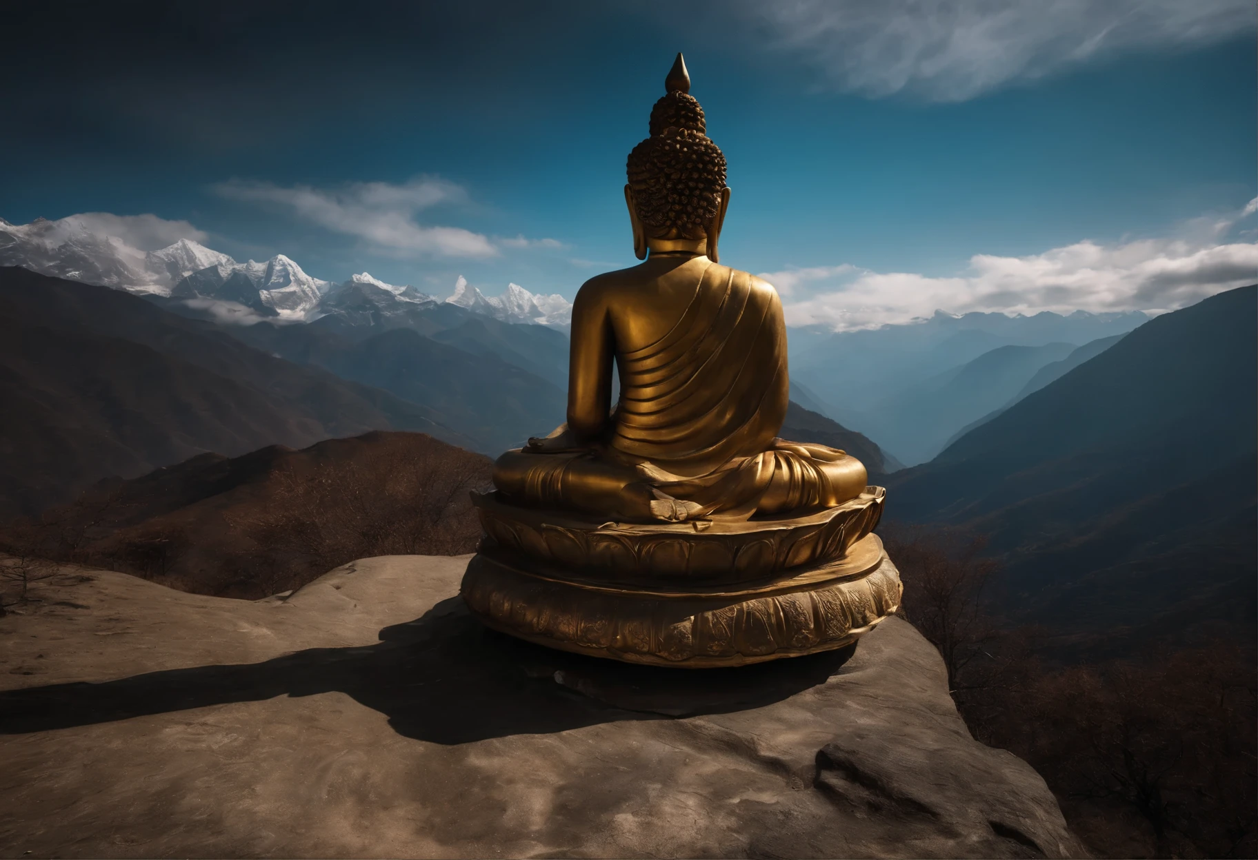 Buddha meditating in the Nepali mountains.