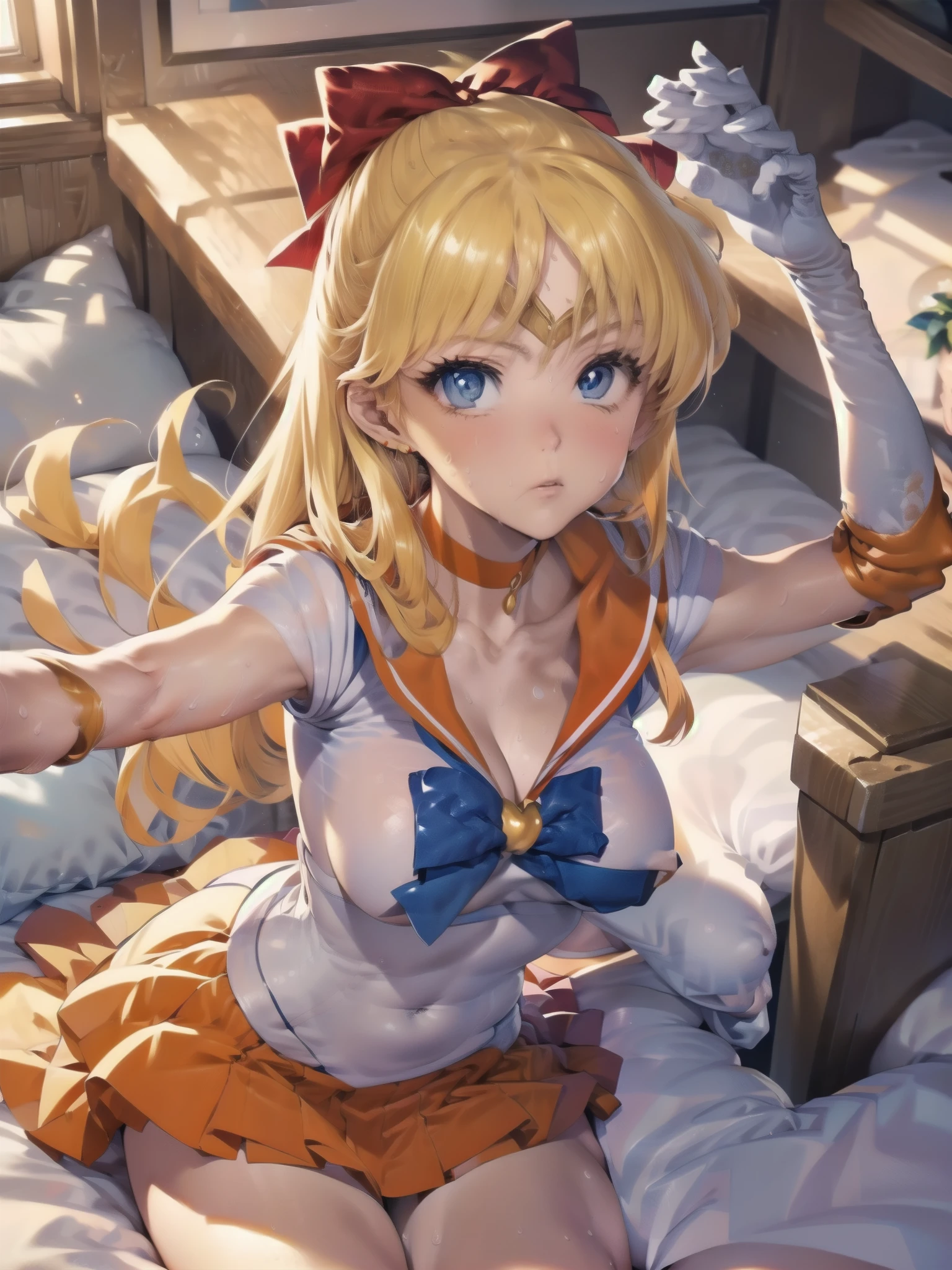 Sailor Warrior Uniform, Sailor Venus, aino minako, (((masterpiece))), (((High resolution)))、(((8K quality)))、(((Perfect Face)))、Looking into the camera, ((Top quality eyes)), (Detailed face), (Detailed Texture), ((Big Breasts:1.5)),Dutch Angle, Angle from below, alone, Blonde Hair, Magical girl, blue eyes, Orange Skirt, Elbow hand pockets, tiara, Pleated skirt, Hair Ribbon, ((Orange sailor collar:1.3)), mini skirt, choker, Red Bow, orange choker, White gloves, Very long hair, jewelry, Earrings, (Night view:1.3)), ((Star of the sky:1.3)), Venus, Fantasy, ((Showing nipples:1.3))