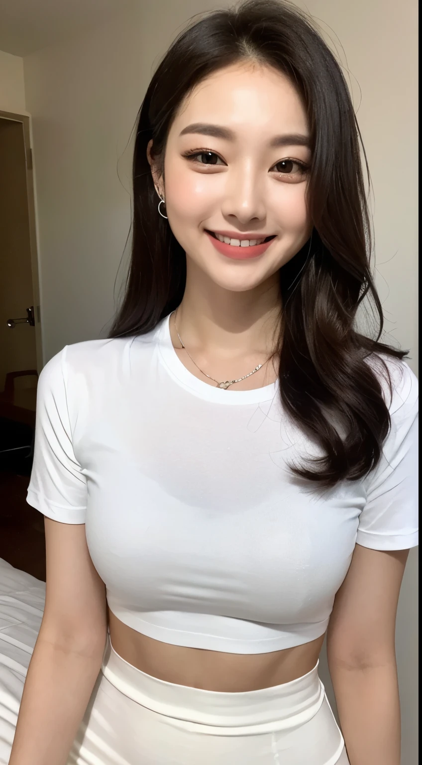 white tight shirt、white tight mini skirt、bed、smile、short sleeve、high resolution、Korean idol face、double eyelid