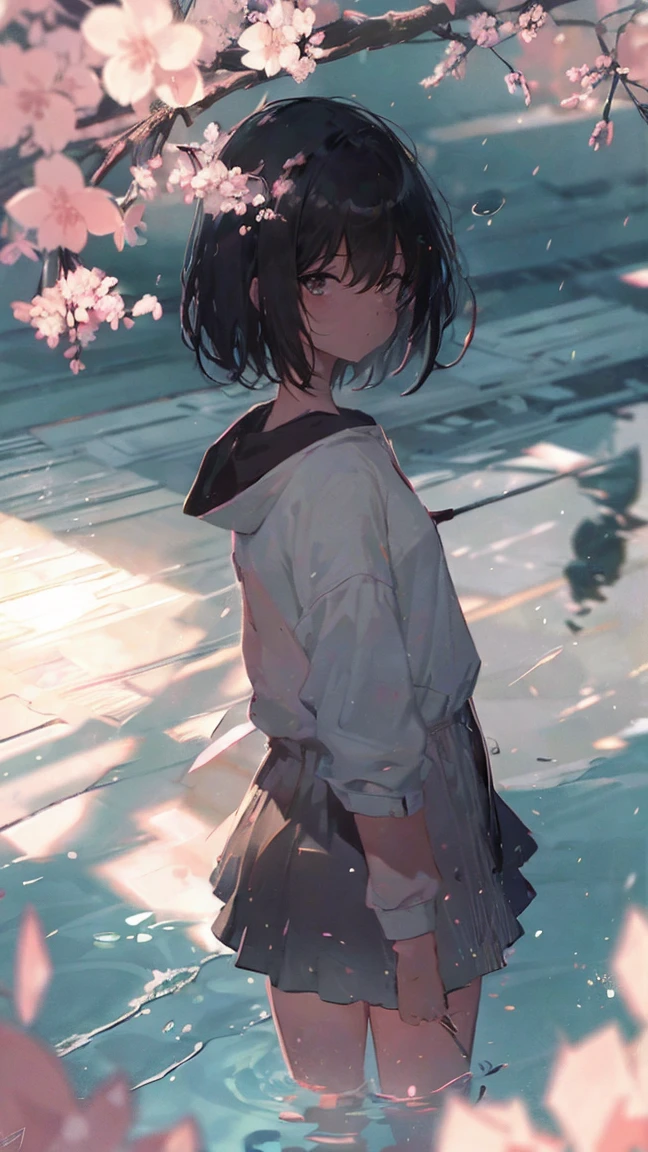 cherry blossomsの中の少女の商品イラスト,cherry blossoms,water,black hair,short bob,white skin,Pale complexion