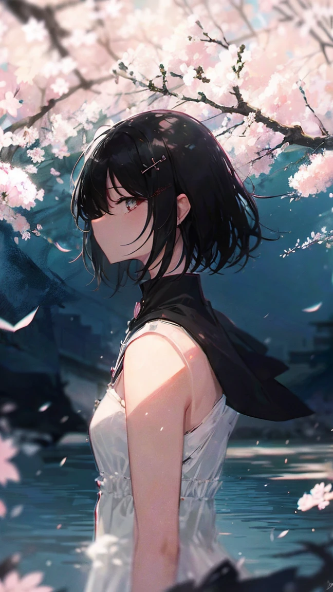 cherry blossomsの中の少女の商品イラスト,cherry blossoms,water,black hair,short bob,white skin,Pale complexion