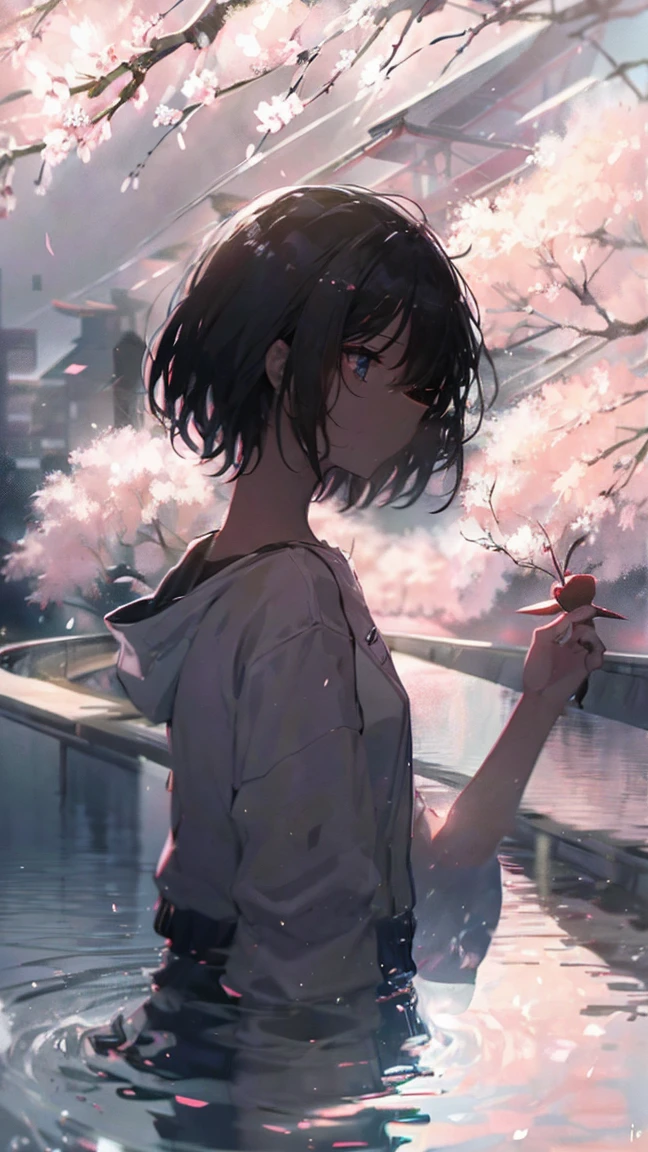 cherry blossomsの中の少女の商品イラスト,cherry blossoms,water,black hair,short bob,white skin,Pale complexion