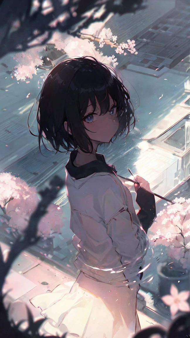 cherry blossomsの中の少女の商品イラスト,cherry blossoms,water,black hair,short bob,white skin,Pale complexion