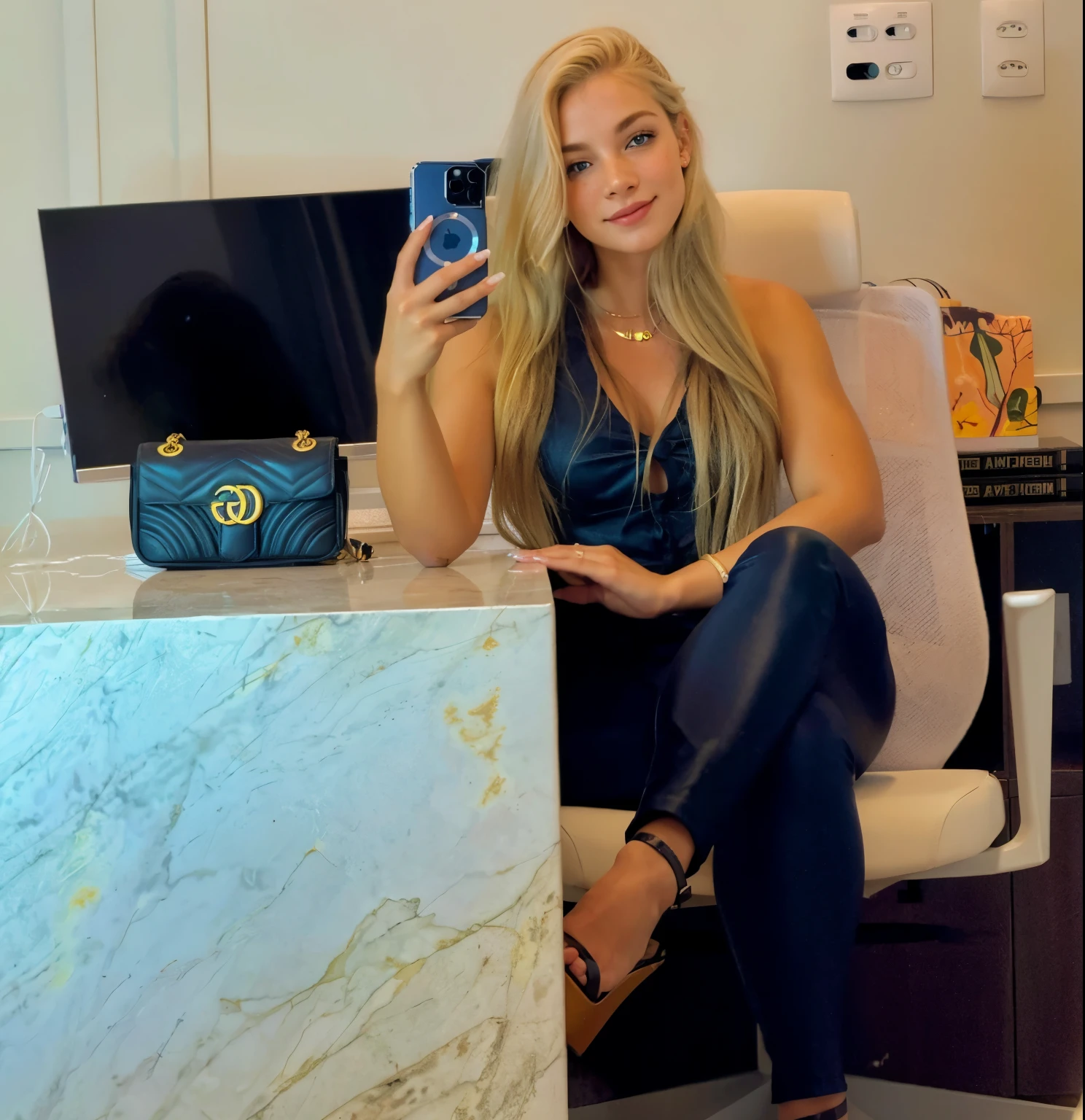 mulher, americana, 25 anos, pale skin and freckles, olhos cinzas, nariz delicado, soft and delicate lips, longo, cabelo blondie longo e ondulado na altura da cintura, sorriso meigo, face with delicate feminine facial features, altamente renderizado