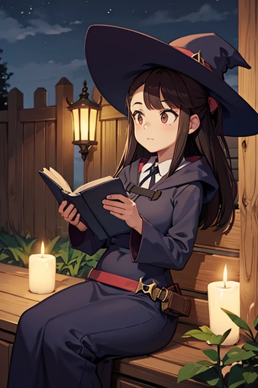 A black haired female witch with brown eyes with an hourglass figure in a conservative witch's uniform is reading a book on the roof at night