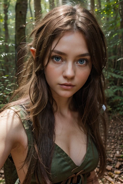 female gnome. slender, lithe build. Hair is light brown, Wispy, wild and unkempt, tangled with twigs and leaves. Bright, deep blue eyes, tinged with purple around the pupil. Skin is warm, sandy complexion, adorned with nature patterns. fantasy style. exploring the forest . she has a wolf companion. fighting goblins